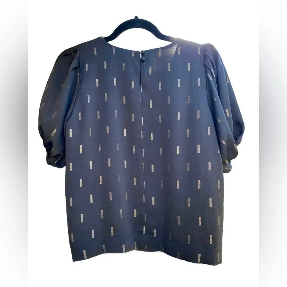Madewell Metallic Jacquard Puff-Sleeve Top Black with Gold Button Neck Size XXS